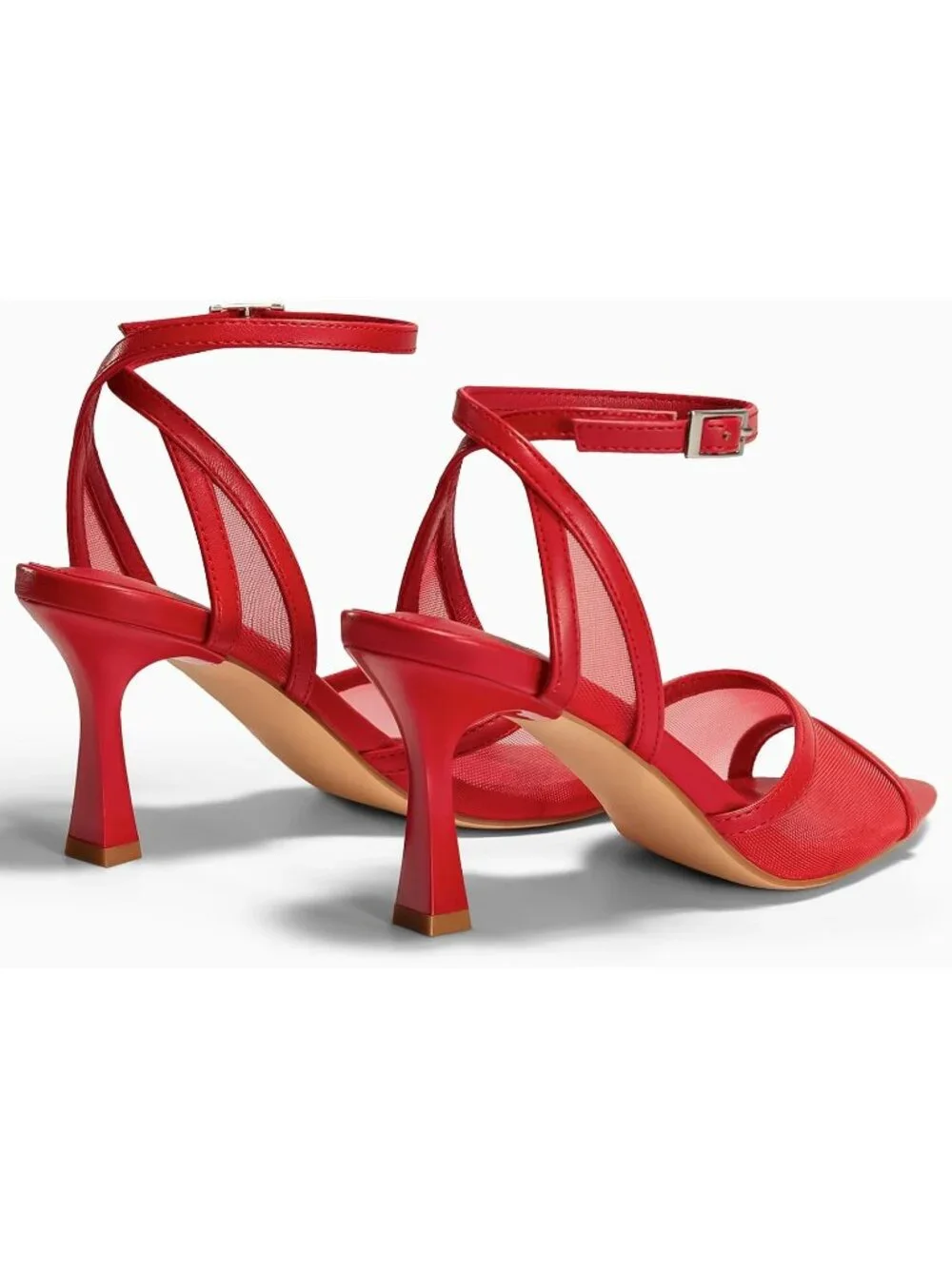 Women's Mesh Red Summer Pointed Open Toe Ankle Buckle Straps Heeled Sandals